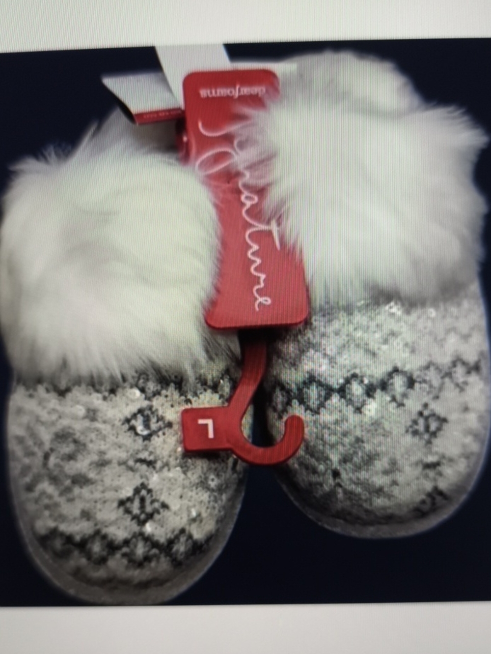 Dearfoams Fair Isle Knit Slippers Sequin White Faux Fur Trim 9-10 silver/Cream